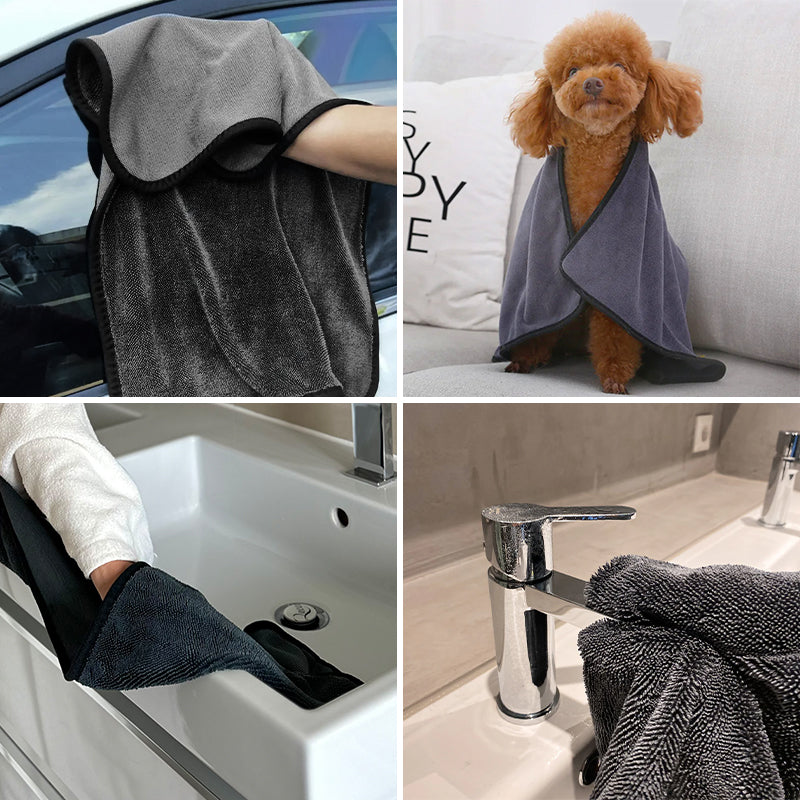Collage of a gray towel being used on a car seat, a dog, a sink, and a bathroom faucet.